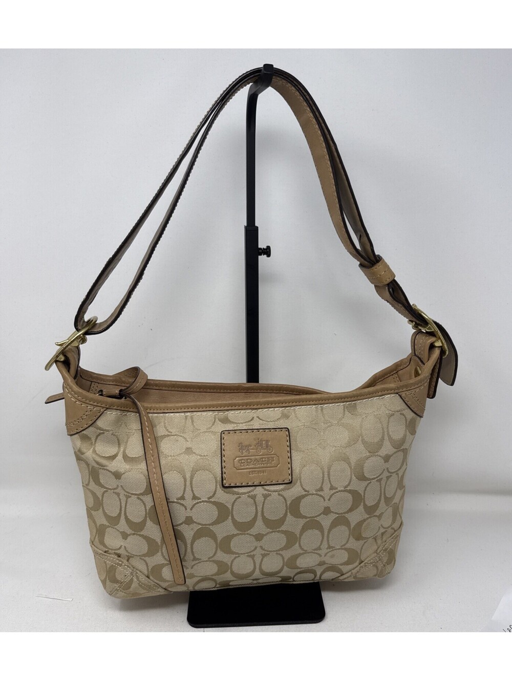 Coach Signature Monogram Crescent Shoulder Bag Beige